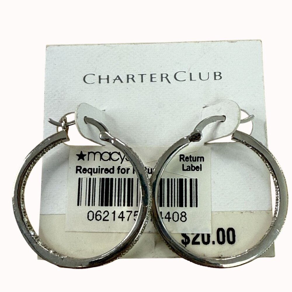 Charter Club Silver-Tone Crystal Hoop Earrings 1.6", Glam, Classic,‎ Neutral,